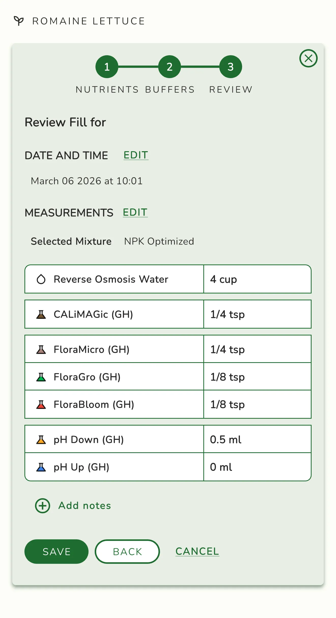 Ponics app nutrient dose calculation screen showing exact amounts for your reservoir